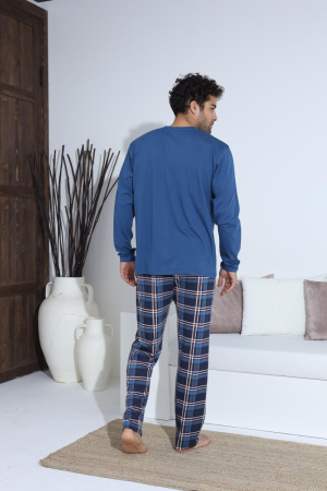 Pijama lunga bumbac pentru barbati cu buzunare la pantaloni albastru 70007 [4]