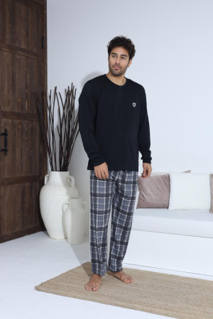 Pijama lunga bumbac pentru barbati cu buzunare la pantaloni, negru 70021 [4]
