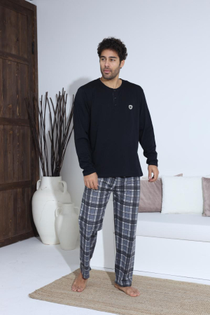 Pijama lunga bumbac pentru barbati cu buzunare la pantaloni, negru 70021 [2]