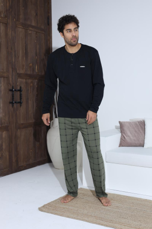 Pijama lunga bumbac pentru barbati cu buzunare la pantaloni negru/kaki 70017 [3]