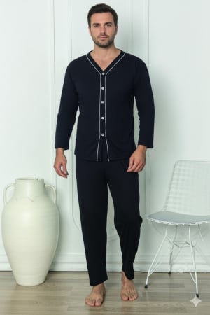 Pijamale barbati bumbac - Pijama lunga bumbac pentru barbati, cu nasturi negru 390