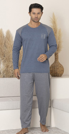 Pijamale barbati bumbac - Pijama lunga bumbac pentru barbati albastru/gri 16203