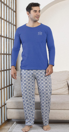 Pijamale barbati bumbac - Pijama lunga bumbac pentru barbati albastru 16214