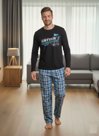Pijamale barbati bumbac - Pijama lunga bumbac pentru barbati negru 15694