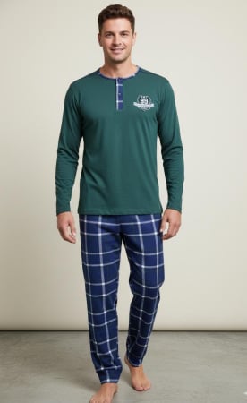 Pijamale barbati bumbac - Pijama lunga bumbac fin si calitativ, buzunare la pantaloni 203 verde/albastru