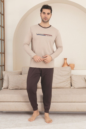 Pijamale barbati bumbac - Pijama lunga bumbac pentru barbati, maro 1201