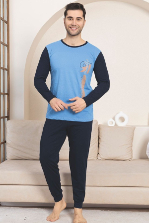 Pijamale barbati bumbac - Pijama lunga bumbac pentru barbati, albastru 1210