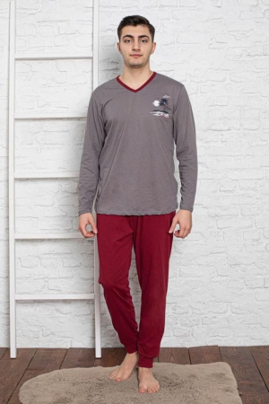 Pijamale - Pijama lunga bumbac pentru barbati, gri/visiniu 506