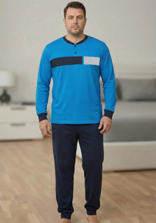 Pijamale barbati - Pijama lunga bumbac pentru barbati, marime mare, albastru