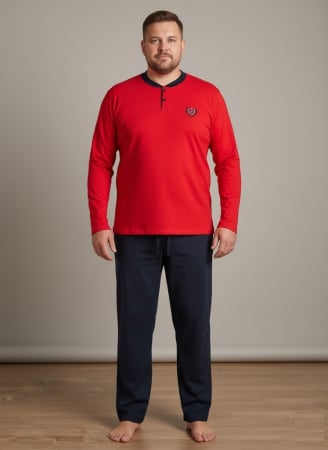Pijamale barbati bumbac - Pijama lunga bumbac pentru barbati, marime mare, rosu/negru