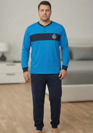 Pijamale barbati bumbac - Pijama lunga bumbac pentru barbati, marime mare, albastru