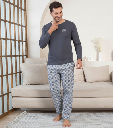 Pijamale barbati bumbac - Pijama lunga bumbac pentru barbati gri 16214