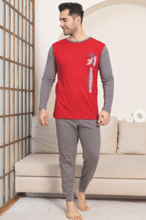 Pijamale - Pijama lunga bumbac pentru barbati, gri/visiniu 1208