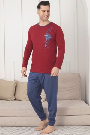 Pijamale barbati bumbac - Pijama lunga bumbac pentru barbati, bleumarin/visiniu 1206