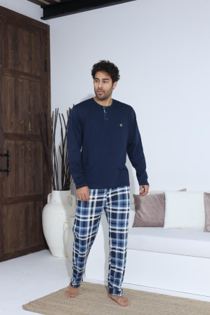 Pijamale barbati bumbac - Pijama lunga bumbac pentru barbati, bleumarin 70041
