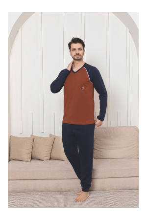 Pijama lunga bumbac penye pentru barbati, bleumarin/maro 1054 [2]