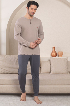 Pijamale barbati bumbac - Pijama lunga bumbac penye pentru barbati, bej 1057