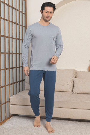 Pijamale - Pijama lunga bumbac penye pentru barbati, gri 1055