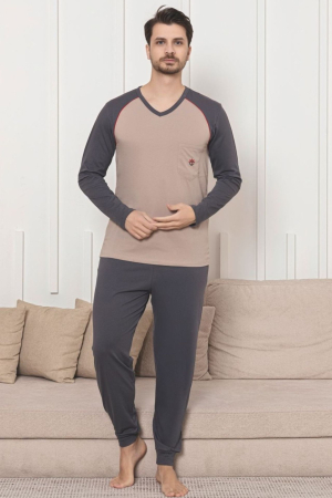 Pijamale barbati bumbac - Pijama lunga bumbac penye pentru barbati, bej 1053