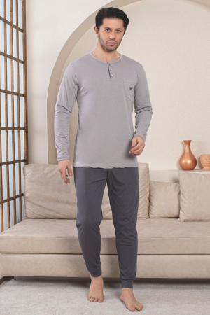 Pijamale - Pijama lunga bumbac penye pentru barbati, gri 1060