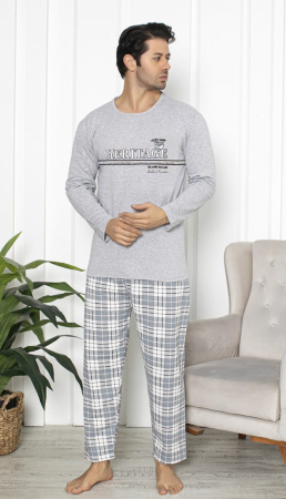 Pijamale barbati bumbac - Pijama lunga bumbac vatuit pentru barbati gri 15536