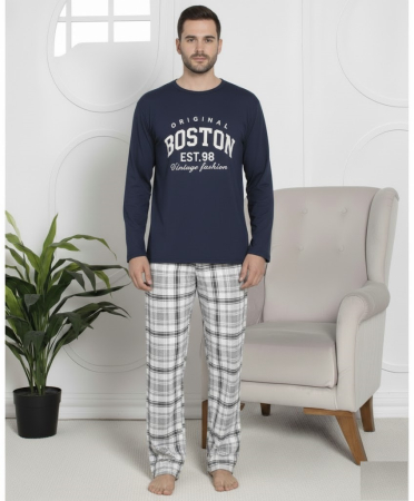 Pijamale barbati - Pijama lunga bumbac vatuit pentru barbati bleumarin 15567