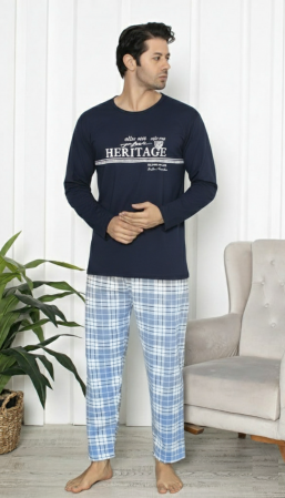Pijamale barbati bumbac - Pijama lunga bumbac vatuit pentru barbati bleumarin 15536