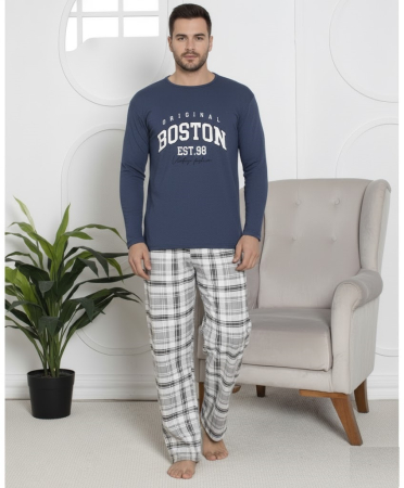 Pijamale barbati - Pijama lunga bumbac vatuit pentru barbati albastru 15567