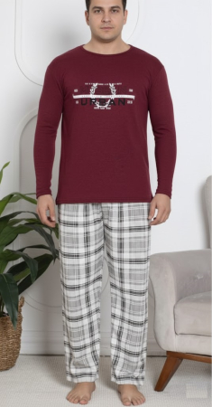 Pijamale barbati - Pijama lunga bumbac vatuit pentru barbati visiniu 15568