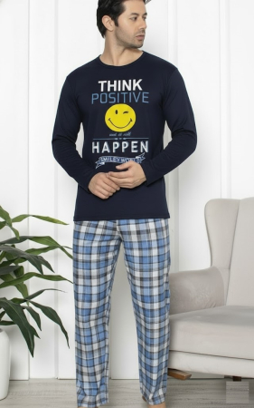 Pijamale barbati - Pijama lunga bumbac vatuit pentru barbati bleumarin 15570