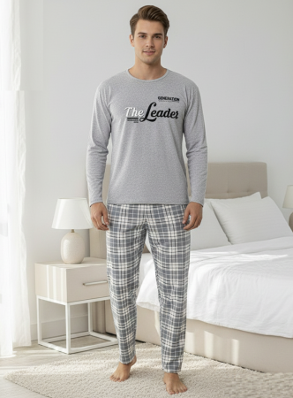 Pijamale - Pijama lunga bumbac vatuit pentru barbati, gri The Leader 16403