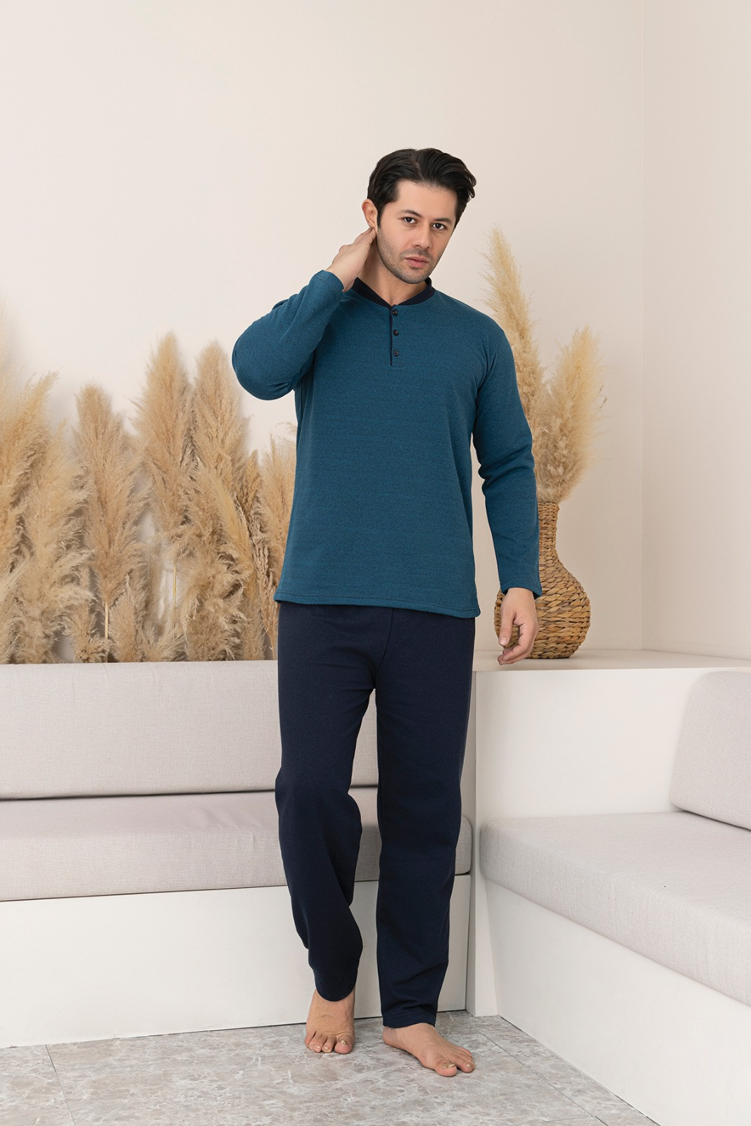 Pijamale barbati bumbac - Pijama lunga bumbac vatuit pentru barbati, marimi mari turcoaz P605-221