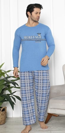 Pijamale barbati bumbac - Pijama lunga bumbac vatuit pentru barbati albastru 15536