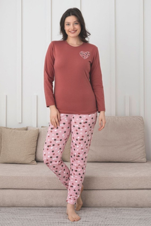 Pijamale dama bumbac - Pijama de bumbac Dama Confortabila, Set cu Bluza si Pantaloni lungi, maro 1004