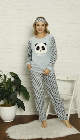 Pijamale - Pijama Dama Pufoasa Tip Fleece cu Panda si Buline - Model Calduros de Iarna