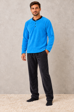 Pijama Barbati Polar Pufoasa si Calduroasa de Iarna, Bluza Albastra si Pantaloni Gri Inchis