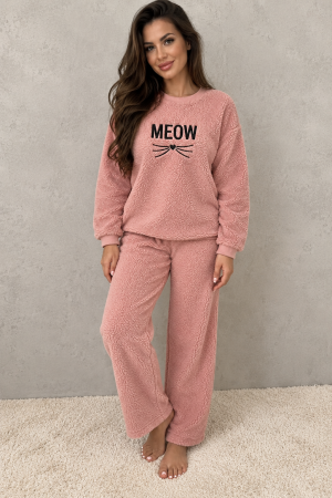 Pijamale cocolino dama - Pijama dama pufoasa cocolino roz MEOW, bluza maneca lunga si pantaloni largi