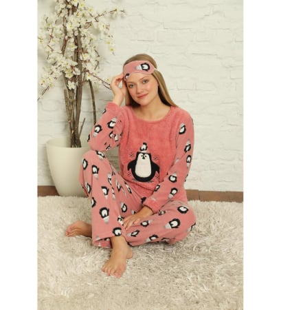 Pijamale - Pijama Dama Polar Pufoasa cu Imprimeu Pinguin, Maneca Lunga si Masca de Dormit - Culoare Roz 01894