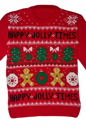 Pulover dama tricotat, imprimeu tematica Craciun-happy jolly times, Rosu, marime Universala-cadou craciun [1]