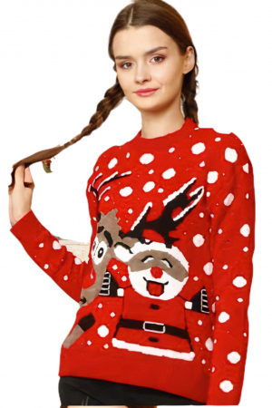 Pulover dama tricotat, imprimeu Craciun-Happy Santa, Rosu, marime Universala-cadou craciun [4]