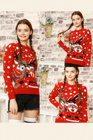 Pulover dama tricotat, imprimeu Craciun-Happy Santa, Rosu, marime Universala-cadou craciun [1]