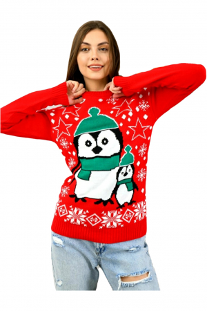 Pulover dama tricotat, imprimeu tematica Craciun-pinguini, Rosu/Verde, marime Universala-cadou craciun [1]