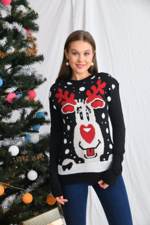 Pulover dama tricotat, imprimeu tematica Craciun ren , rosu/negru, marime Universala [1]