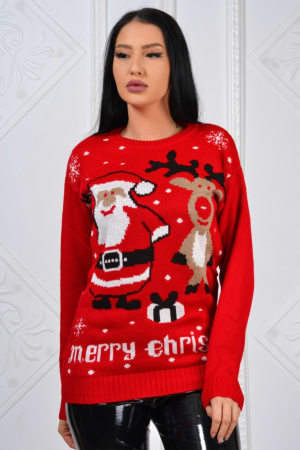 Pulover dama tricotat, imprimeu tematica Craciun-Merry Christmas, Rosu, marime Universala-cadou craciun [0]