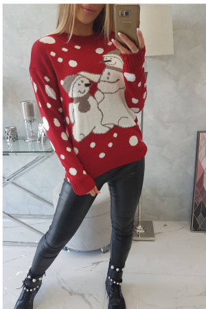 Pulover dama tricotat, imprimeu tematica Craciun-om de zapada, Rosu, marime Universala [2]