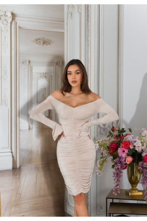 Rochie midi dama cu incretituri, maneci lungi, bej, marime Universala [1]