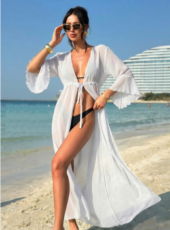 Imbracaminte plaja - Rochie de plaja dama pareo, cu cordon inchidere in talie, lunga 00122 alb