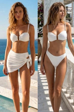 Articole de plaja femei - Set 3 Piese Costum de Baie cu Pareo aspect striat, alb y9210