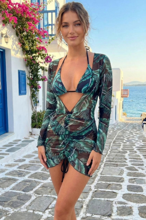 Costume baie 2 piese - Set Costum de Baie 3 Piese: Sutien, Slip si Rochie de Plaja Tropical Green 8211