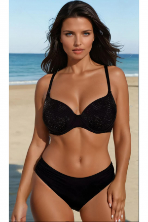 Set Costum Baie Doua piese dama cu aplicatii pe sutien, black Shine lm048 [0]